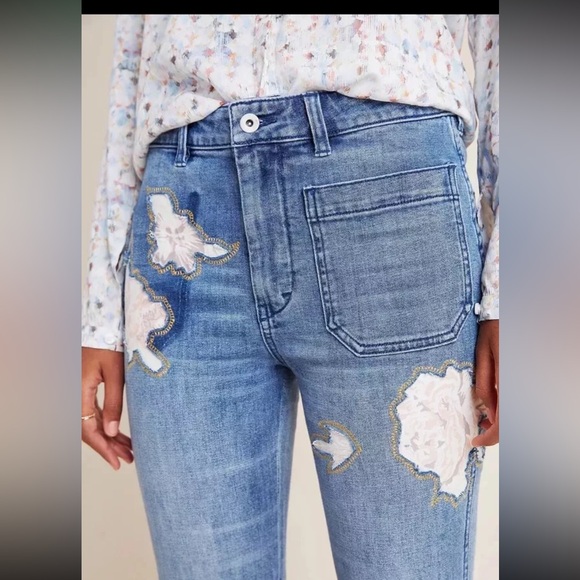 Pilcro Anthropologie high rise rose patch bootcut trouser jeans size 27 - Picture 3 of 11